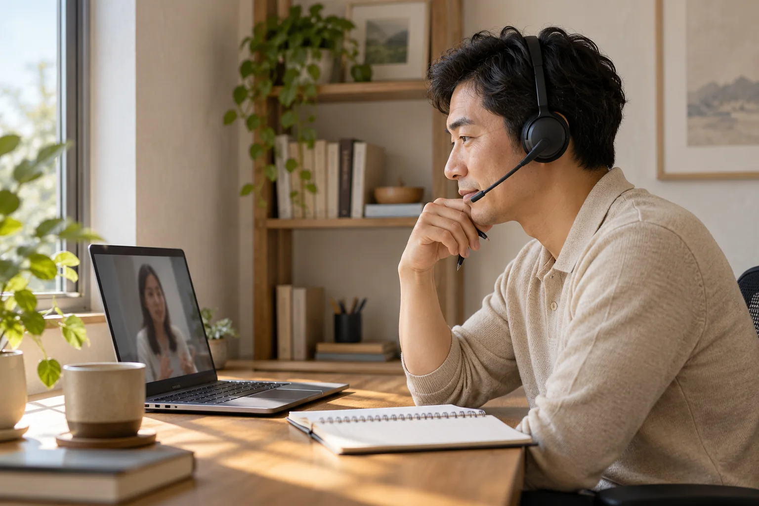 Illustrative HR professional screening a candidate on a video call