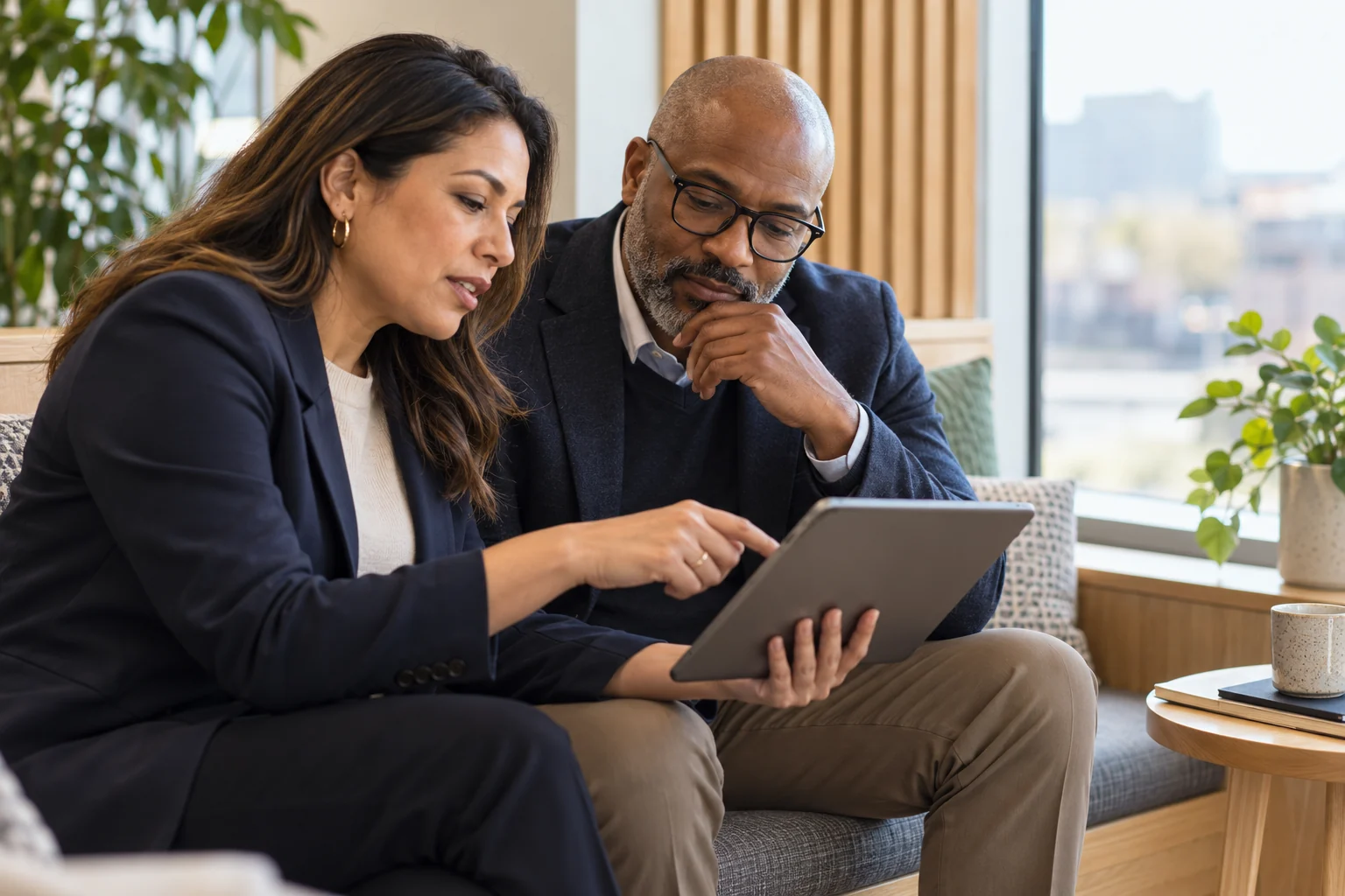 Illustrative hiring leaders reviewing a candidate shortlist on a tablet