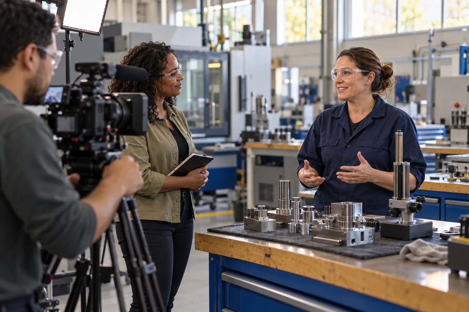 Illustrative film crew capturing an employee story in a precision manufacturing workshop