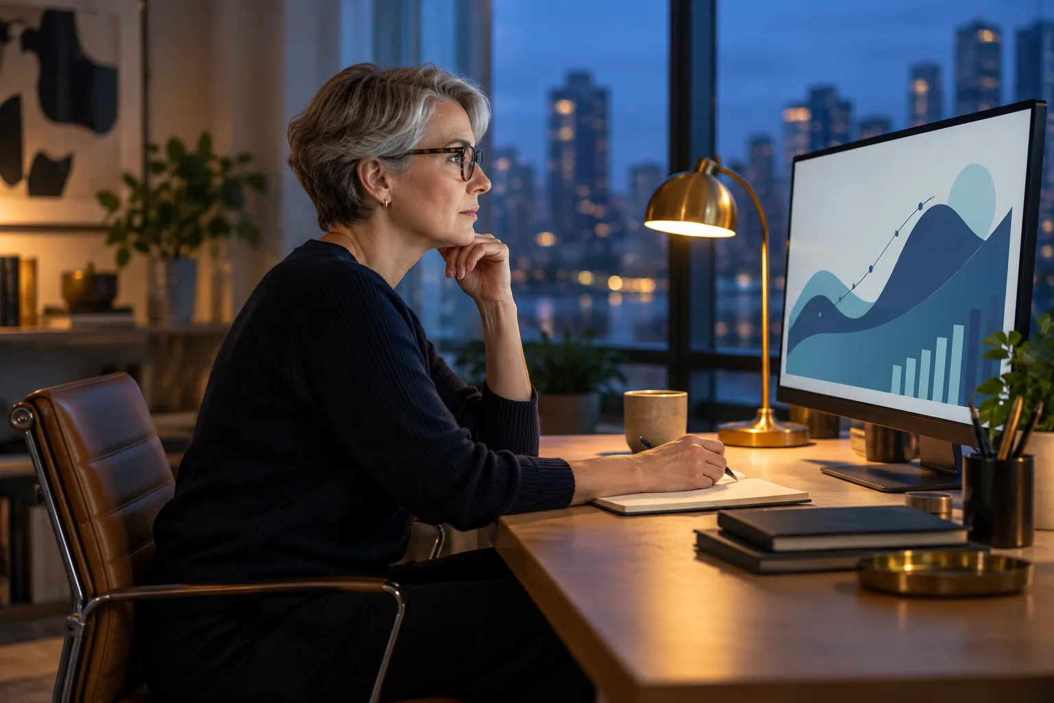 Illustrative recruitment analyst reviewing hiring market charts at a focused desk