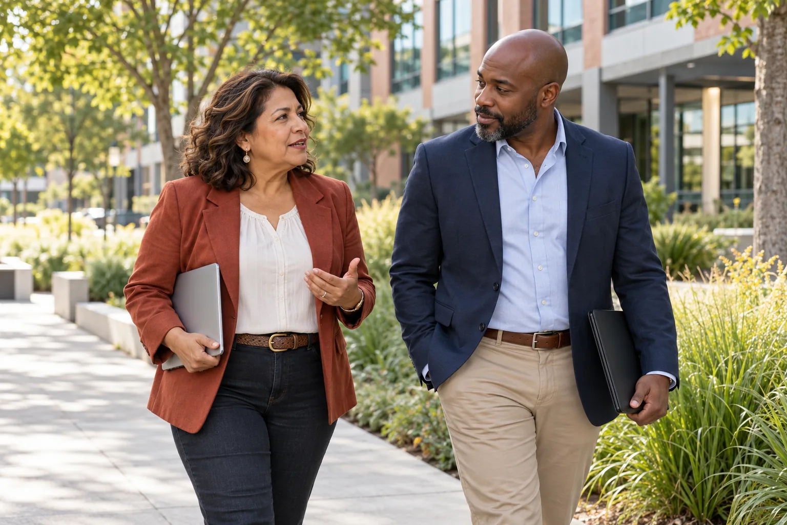 Illustrative business owner and HR adviser discussing hiring needs outside an office campus