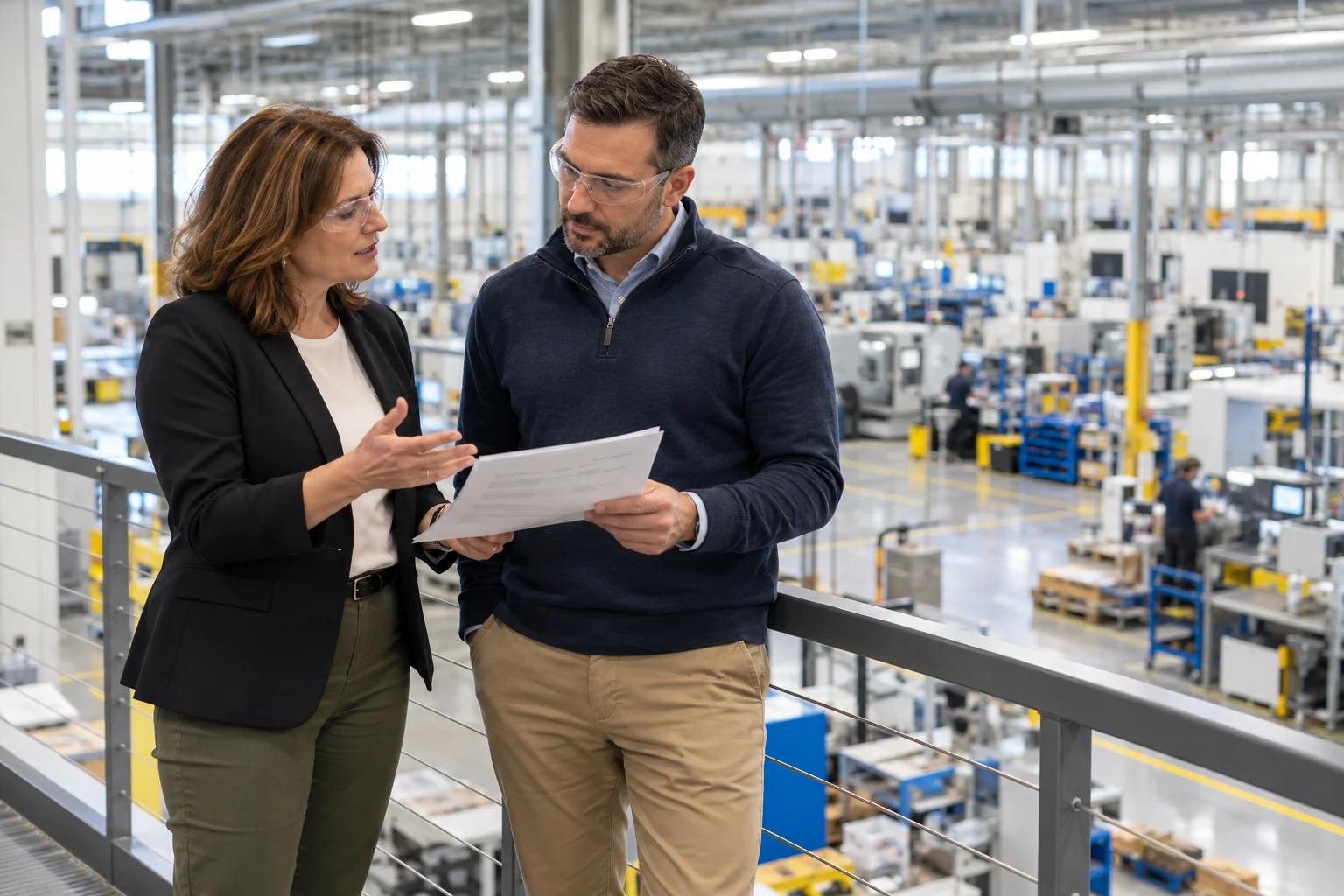 Illustrative HR and operations leaders defining hiring requirements in a manufacturing facility