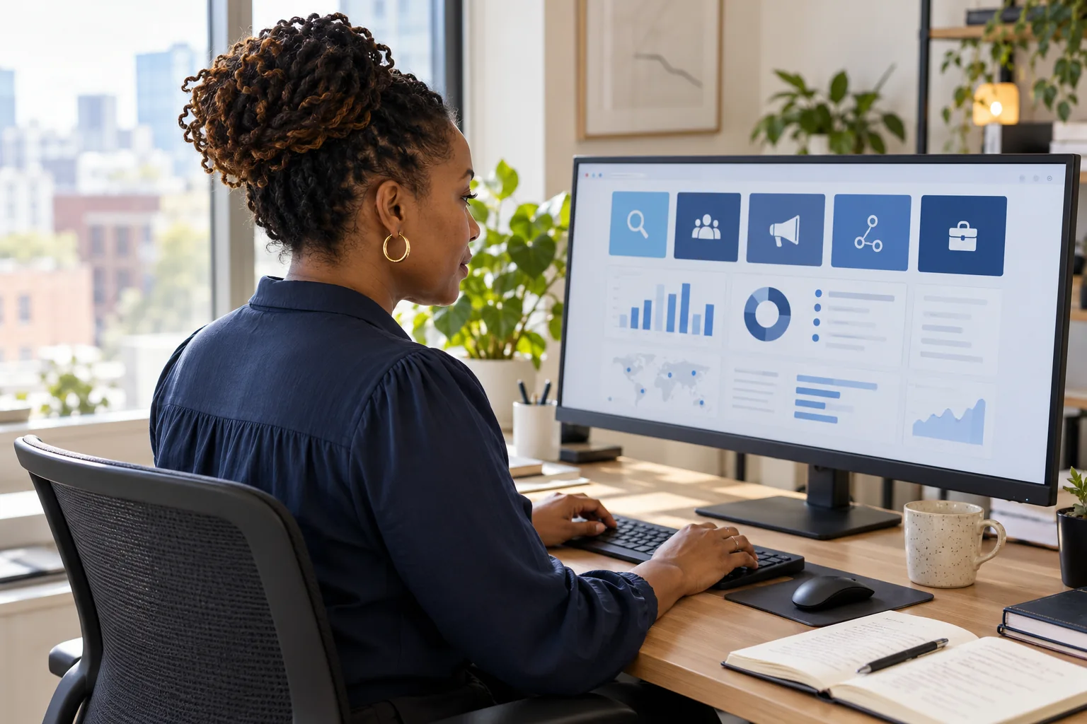 Illustrative recruiter researching candidate sources in a bright agency workspace