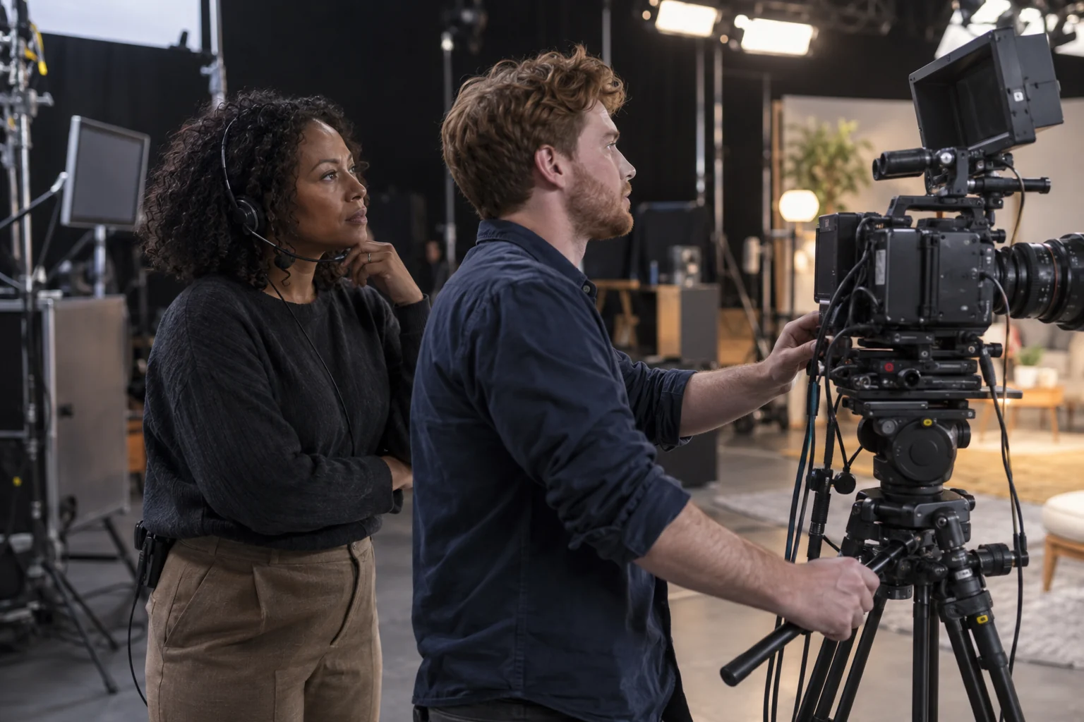 Illustrative media professionals collaborating in a broadcast studio