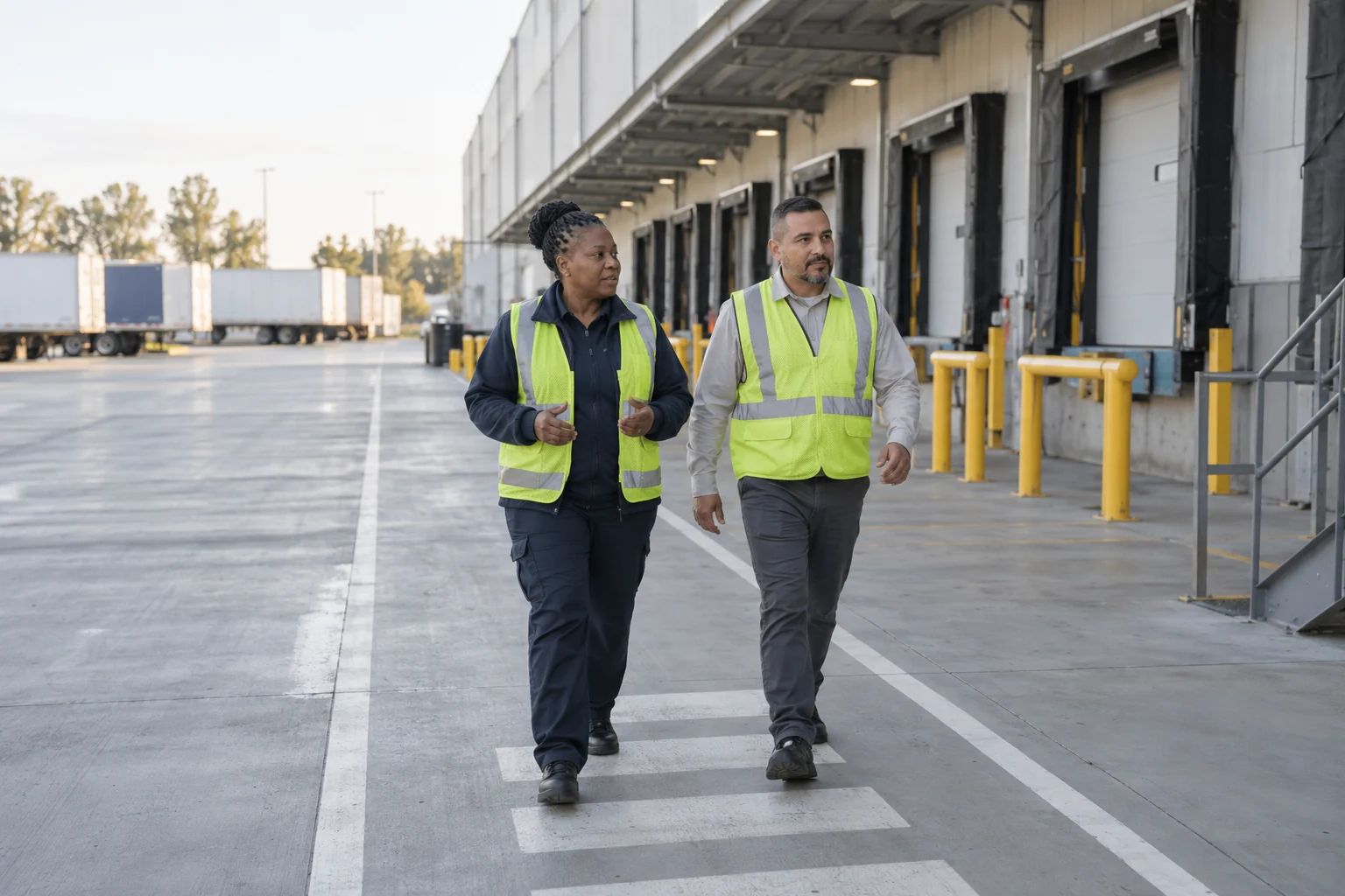 Illustrative logistics leaders at a distribution center loading dock