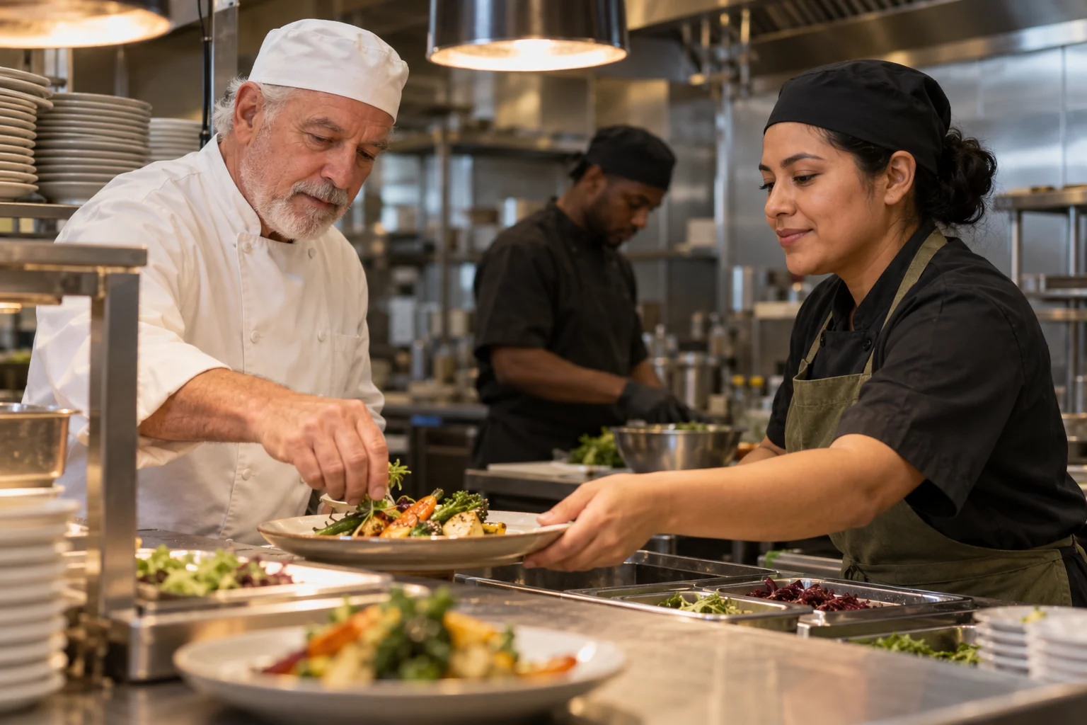 Illustrative restaurant crew working together in a professional kitchen