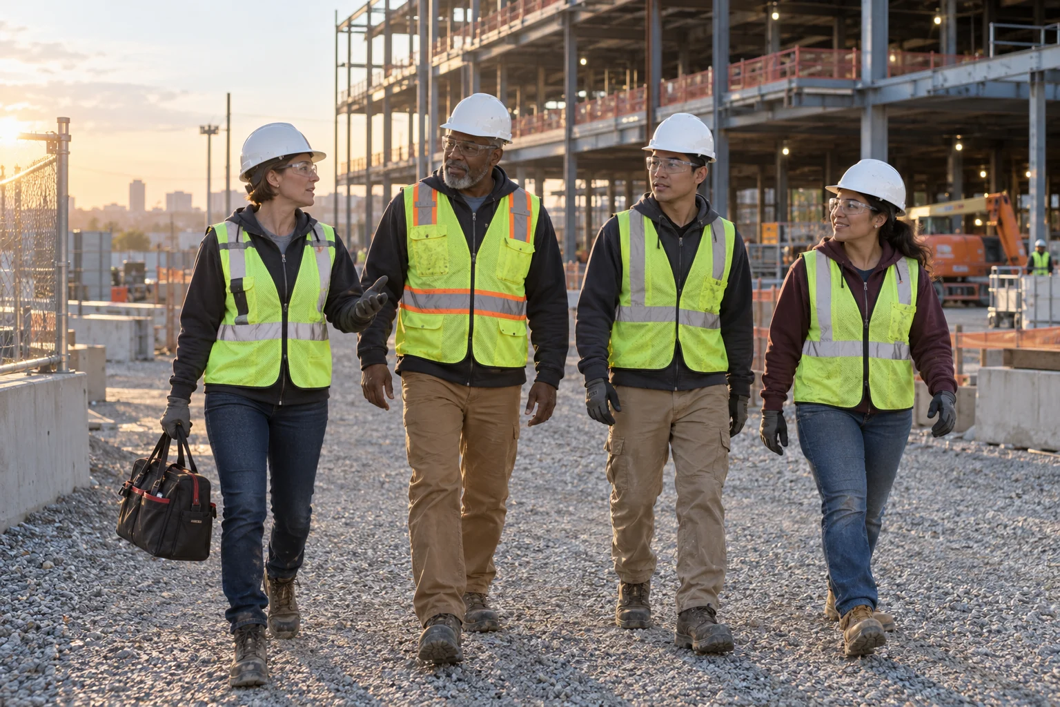 Illustrative skilled trades crew arriving at an outdoor construction site