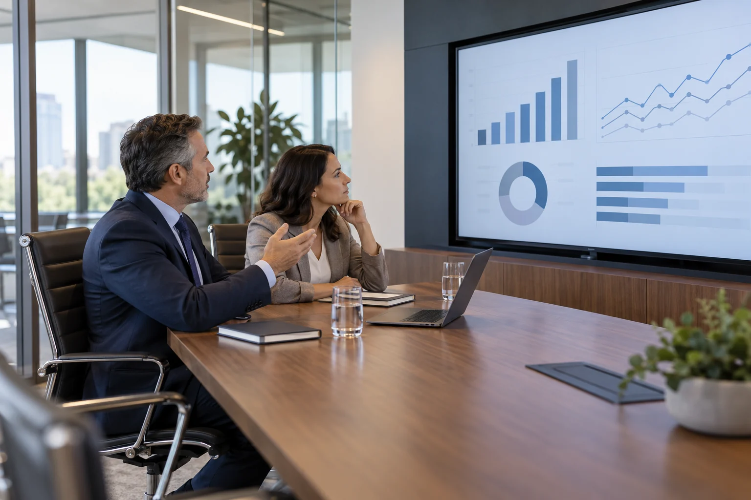 Illustrative senior business leader and HR leader reviewing talent acquisition analytics in a corporate meeting room